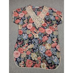 Vintage Val Mode Nightgown Womens Large Blue Floral Lace Trim Short Sleeve 90s